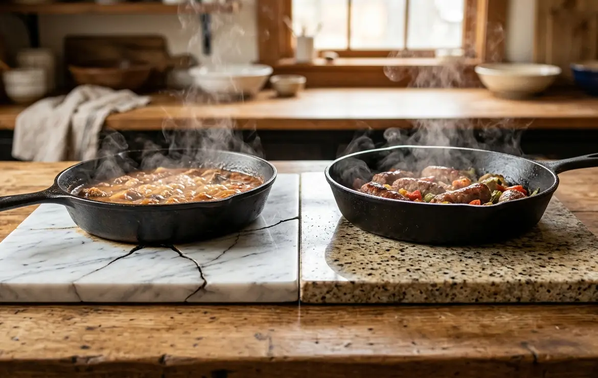 Горячая сковорода на столешнице: какой камень лопнет, а какой даже не заметит?